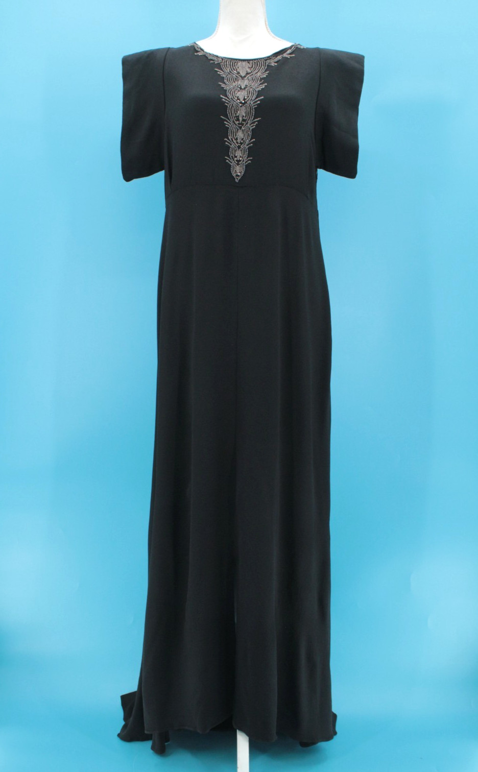 VTG Women&rsquo;s 30s Black Rayon Beaded Front Maxi Dress / Gown Sz S/M 1930s