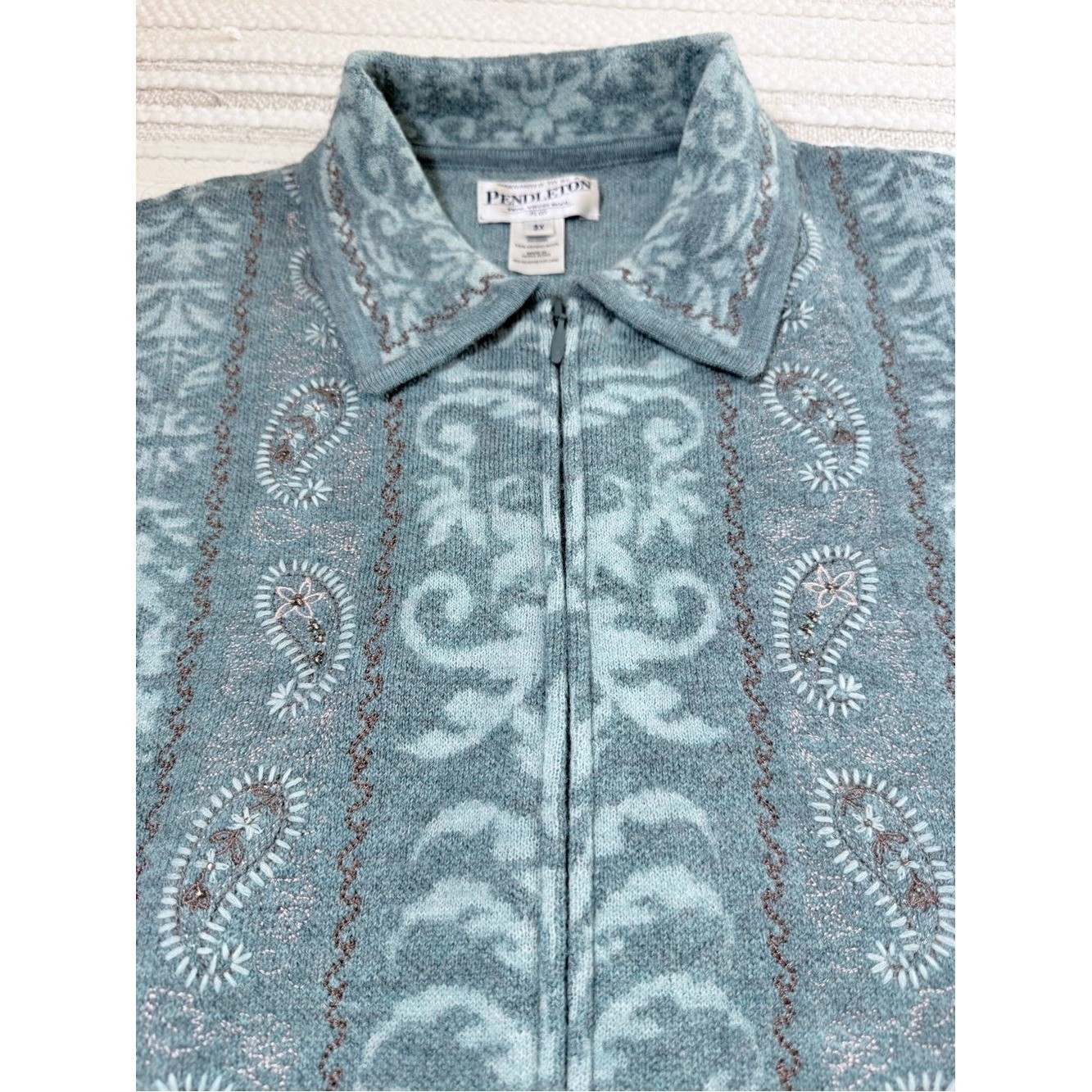 Pendleton Vintage 100% Merino Wool Zip Cardigan Sweater Plus Sz 3X Blue Paisley