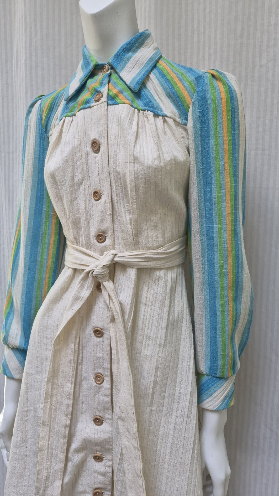 Vintage 1960/70s Blue Stripe Button Front Shirt Dress – Size S