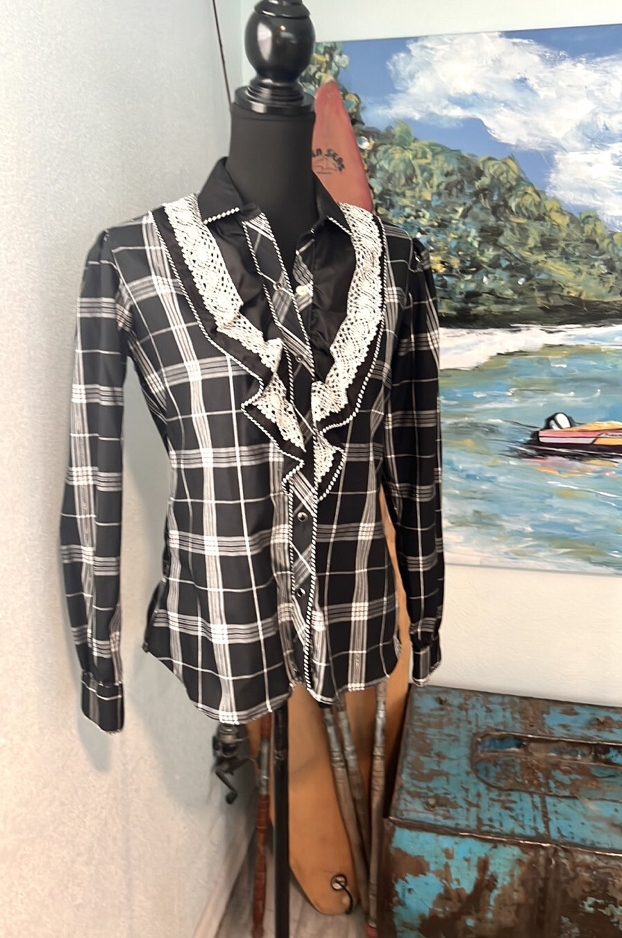 Vintage Women’s Kenny Rogers Western by Karman Shirt Plaid Sz 17/18 Snap Buttons