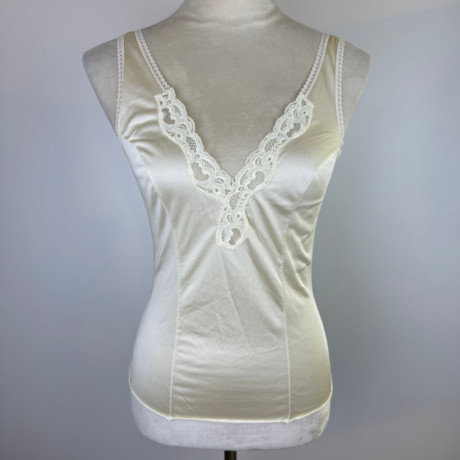 Vtg 60&rsquo;s Greenco Maid Cream Nylon Tricot Lace Trim Camisole Top Sm Made in USA