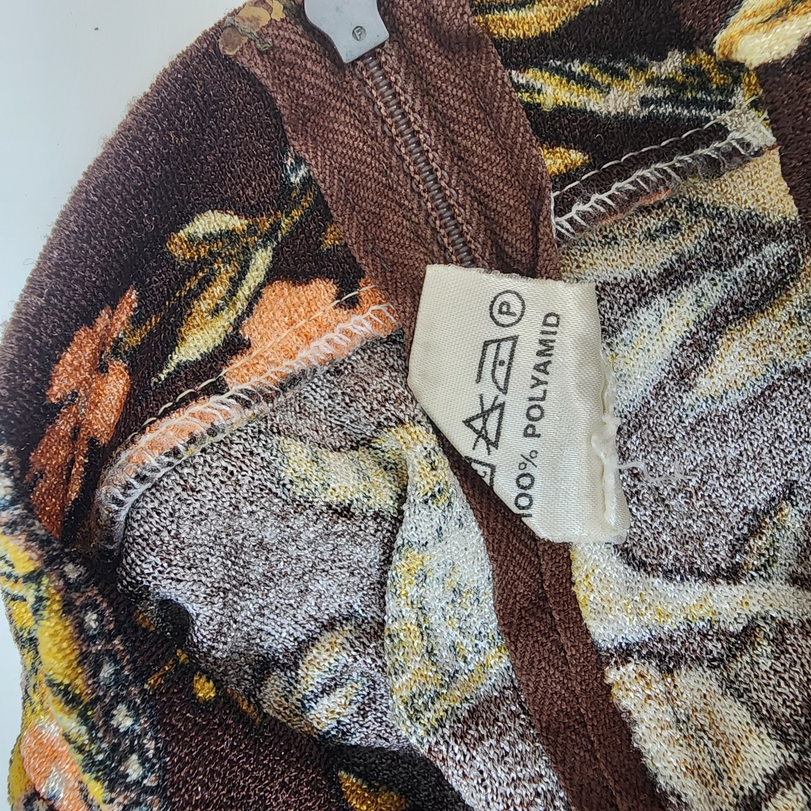 Vintage NYLTest Boucle Mock Neck Pullover Top Women&rsquo;s Brown Floral 1970s Germany