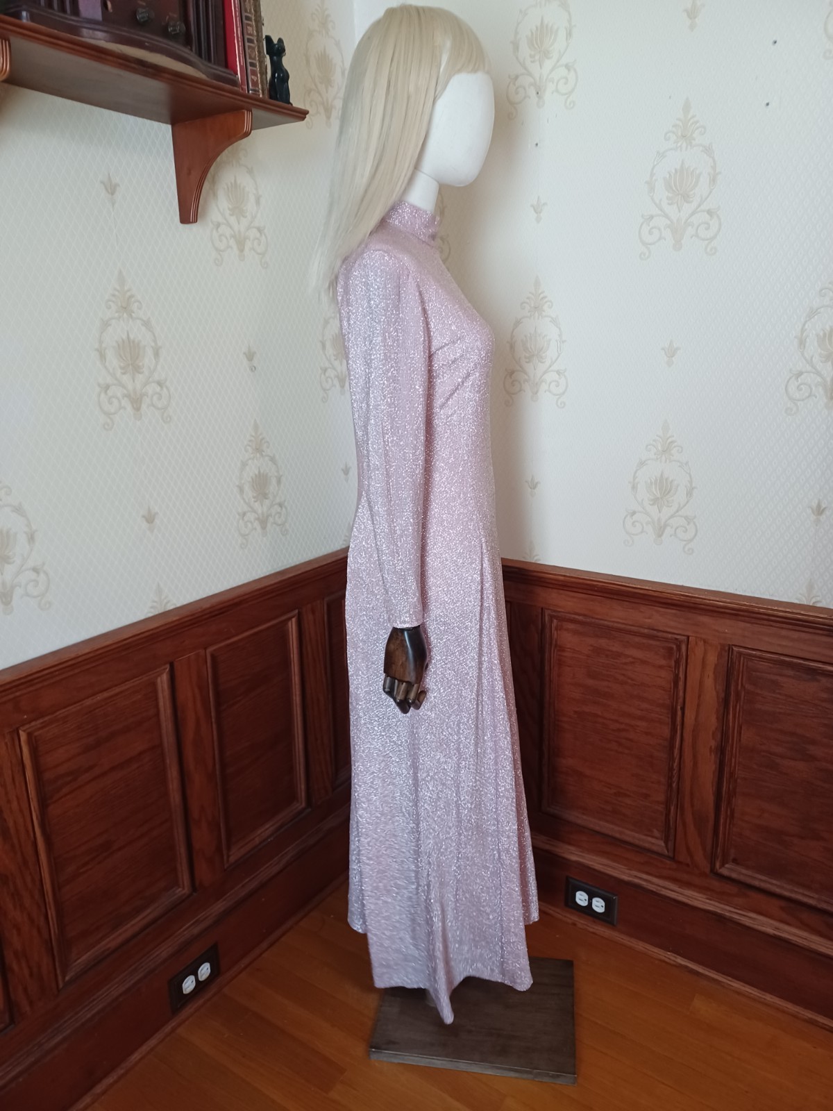 Vintage 1960s/70s Pink Glitter Disco Glam Medieval Revival Hostess Maxi Dress