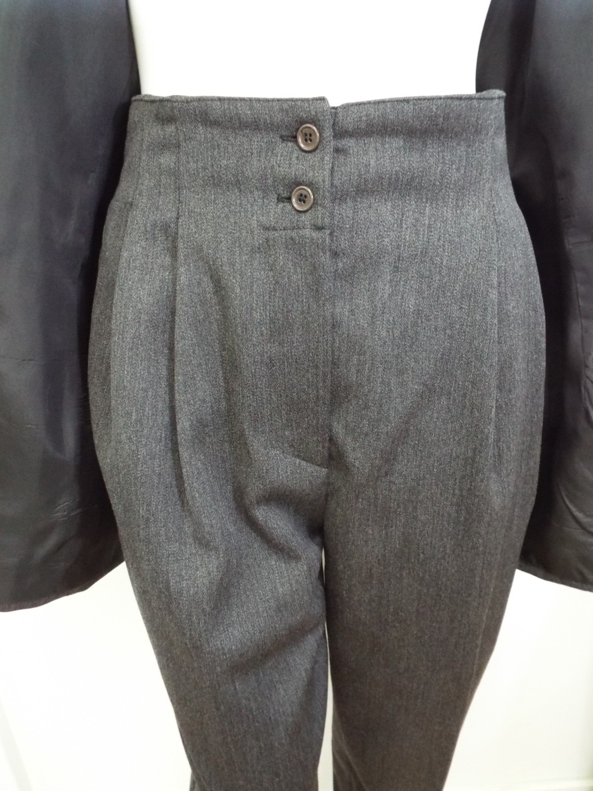 Vintage 1980s Claude Montana Gray Wool Pant Suit Jacket Blazer Shoulder Pads SM
