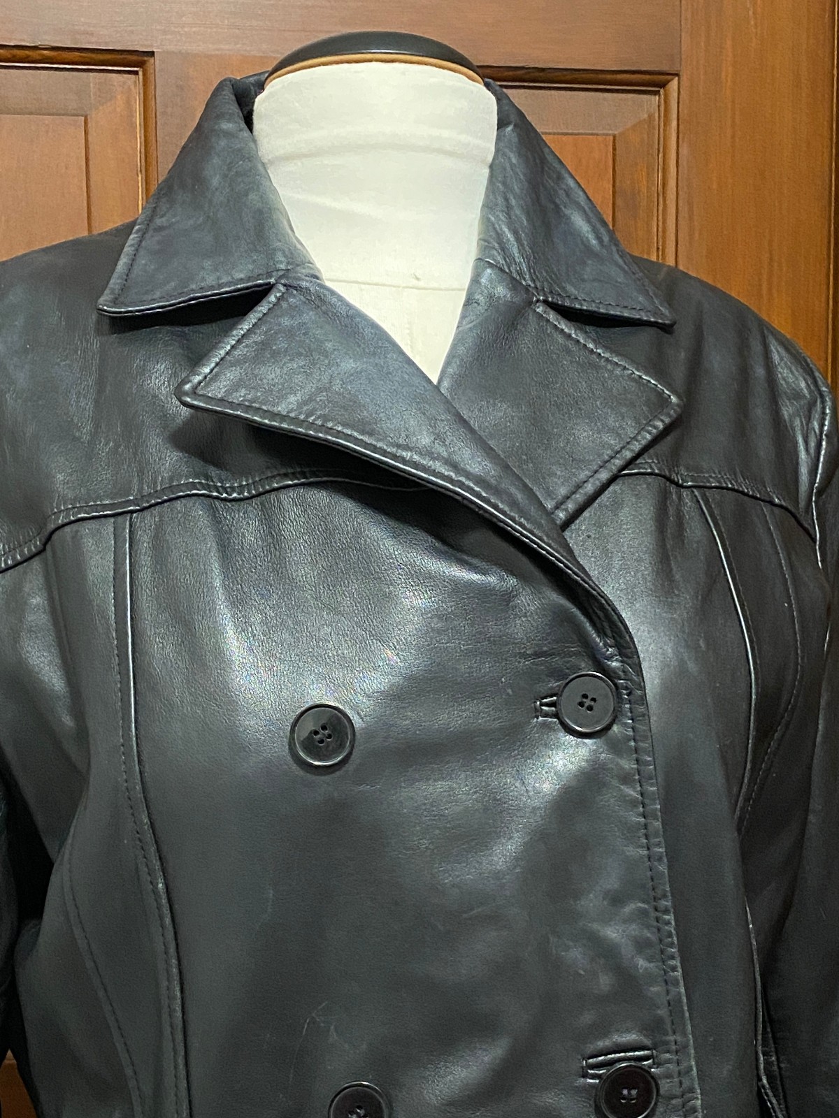 VTG Excelled Black Knee Length Leather Jacket Belted Coat XL Soft Lightweight