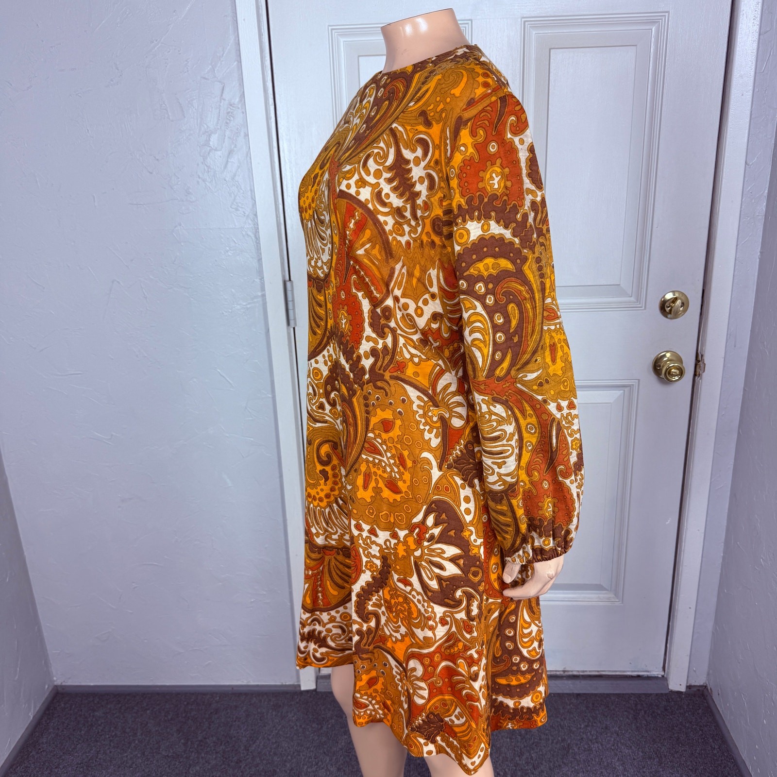Vintage 70s Unbranded Women&rsquo;s Dress Wool Paisley Mod Retro Long sleeve L3-20