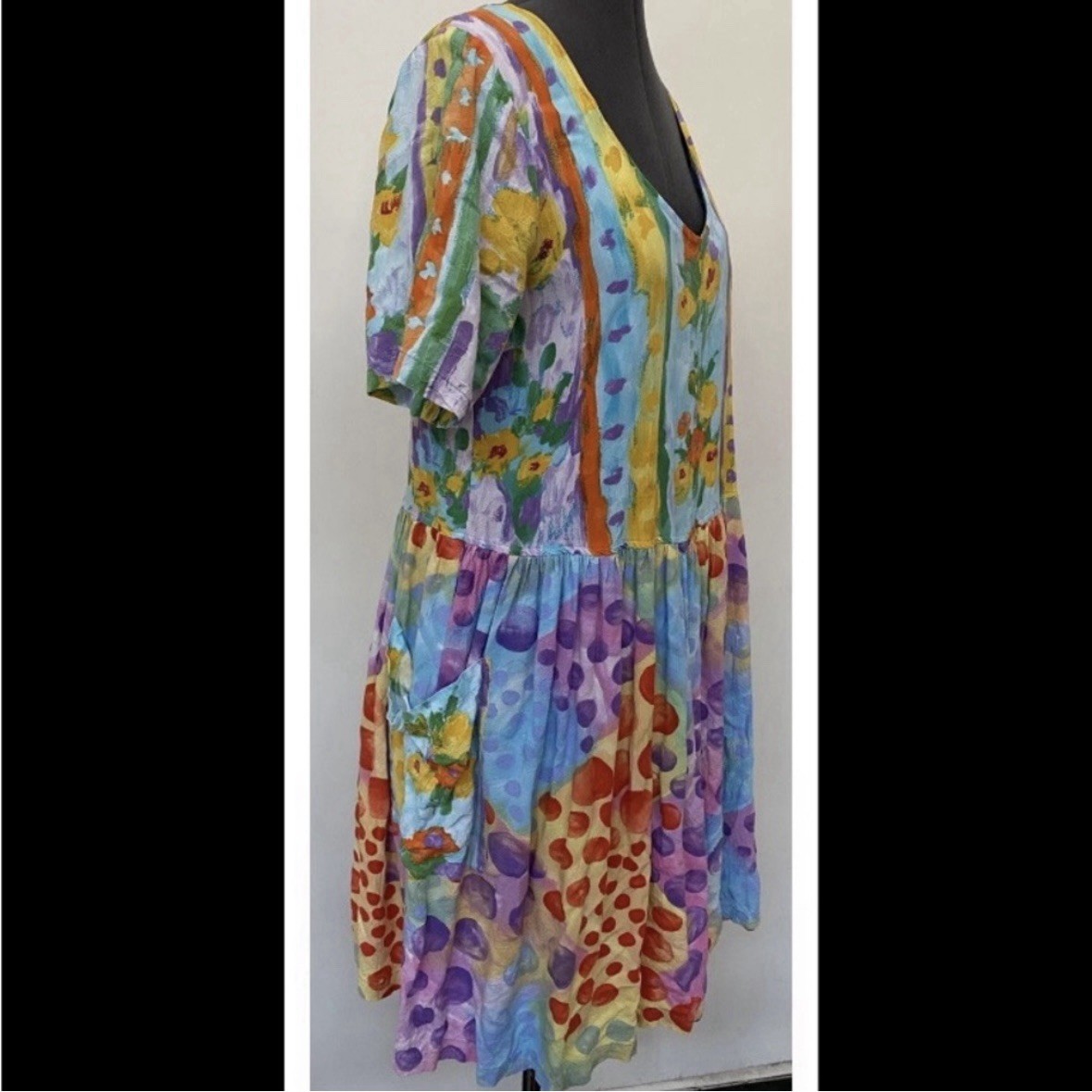 VINTAGE 1980s JAMS WORLD LIGHTWEIGHT RAYON HATTIE DRESS POLKA DOT AQUA POCKETS L
