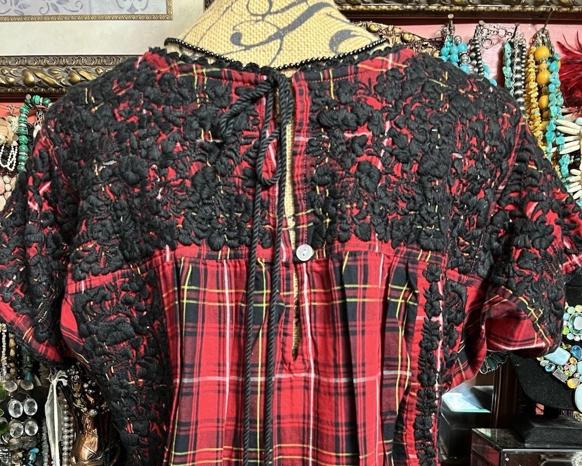 Beautiful Sister Mary Oaxaca Red & Black Plaid Black Embroidery & Crochet ML
