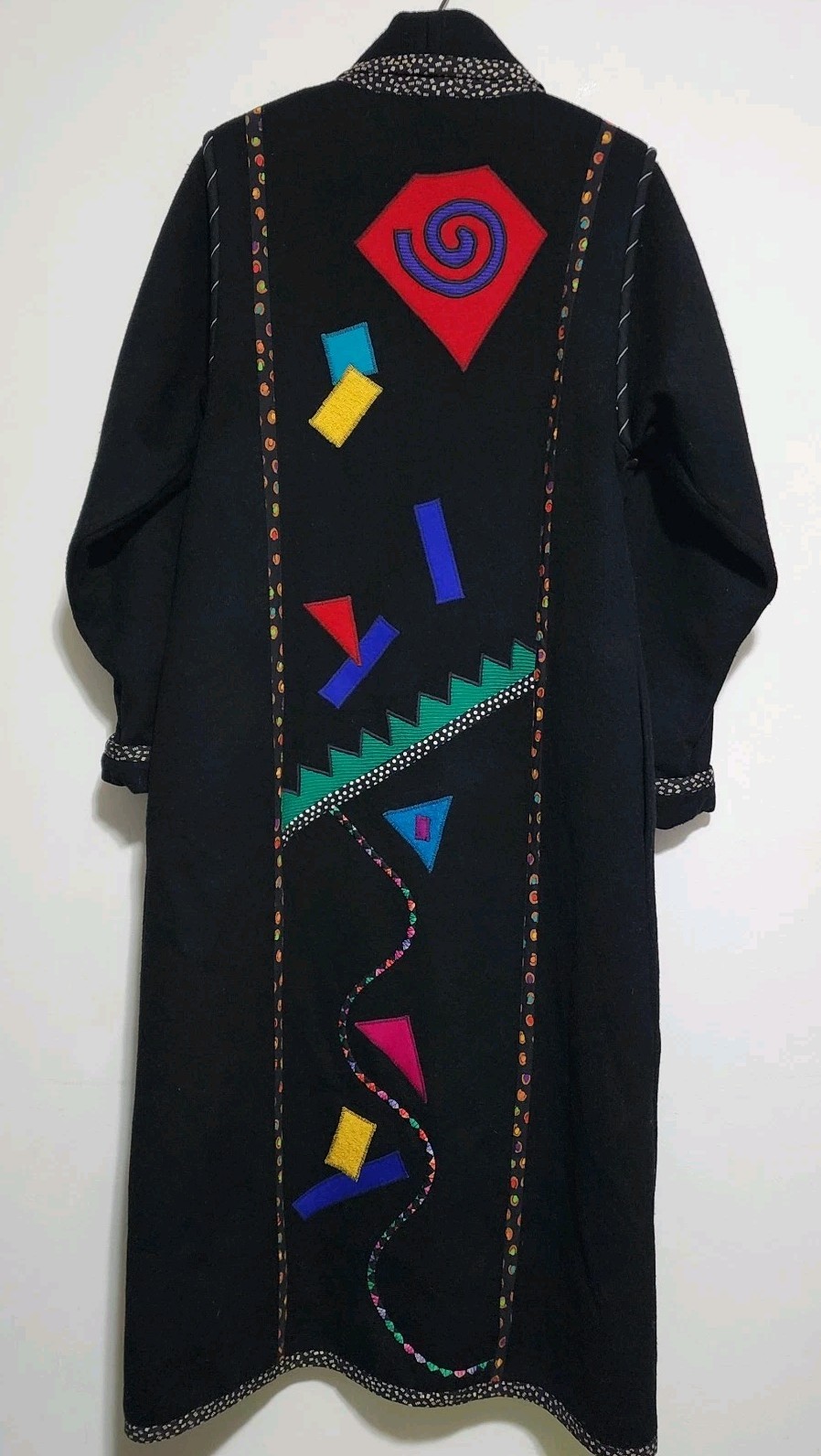 Vintage LYNN MURRAY Wearable Art Wool Coat Long Black Applique Geometric 80s 90s