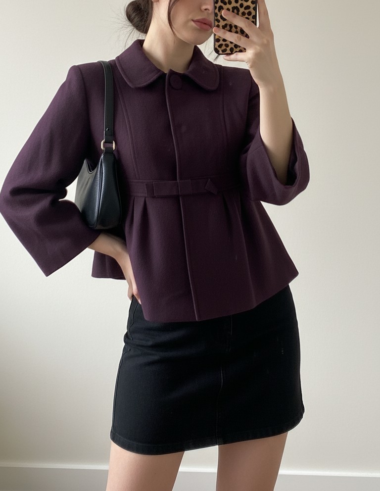 Vintage Wool Blend Short Coat Purple Plum Bow Ribbon Retro Cottagecore Jackie O