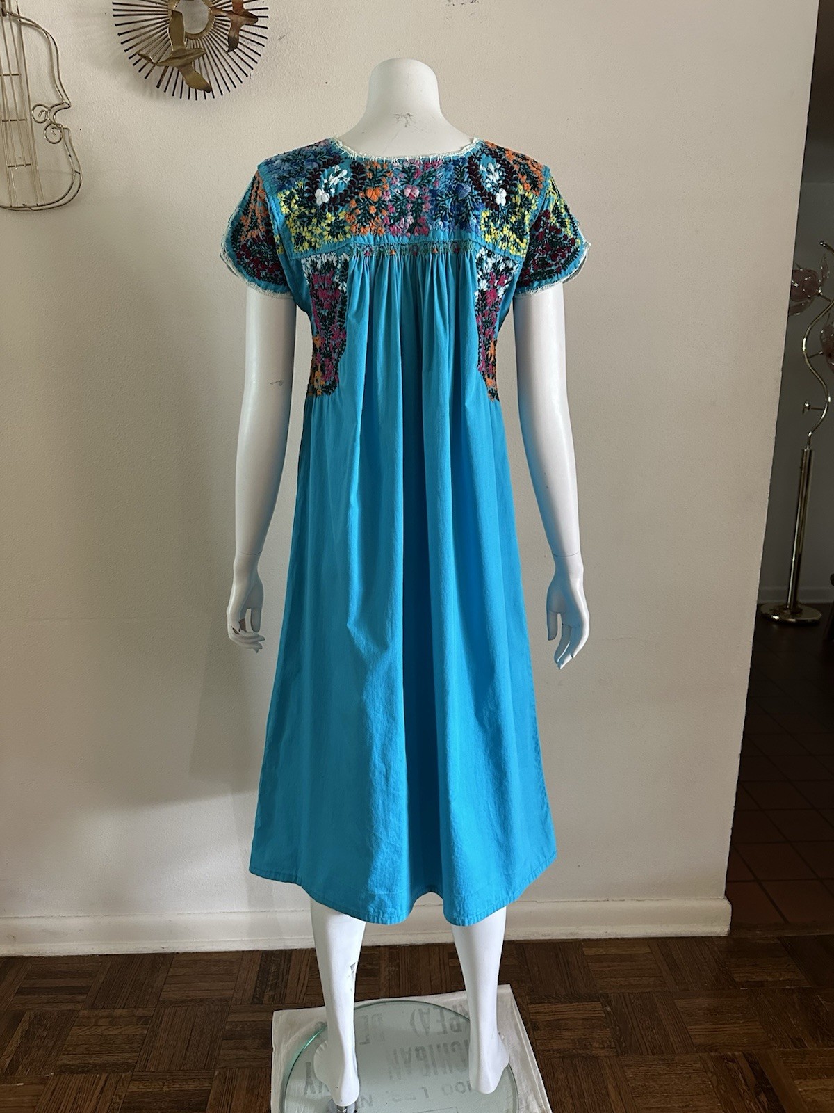 1970s San Antonino Oaxacan Huipil Dress Cotton Hand Embroidered Mexico S VTG