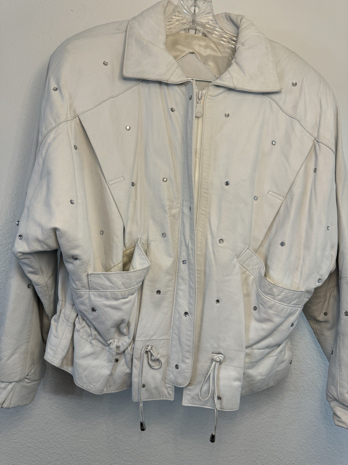 Vintage 1990s COPPER KEY White Leather Jacket Womens Large Rhinestone Coat Moto