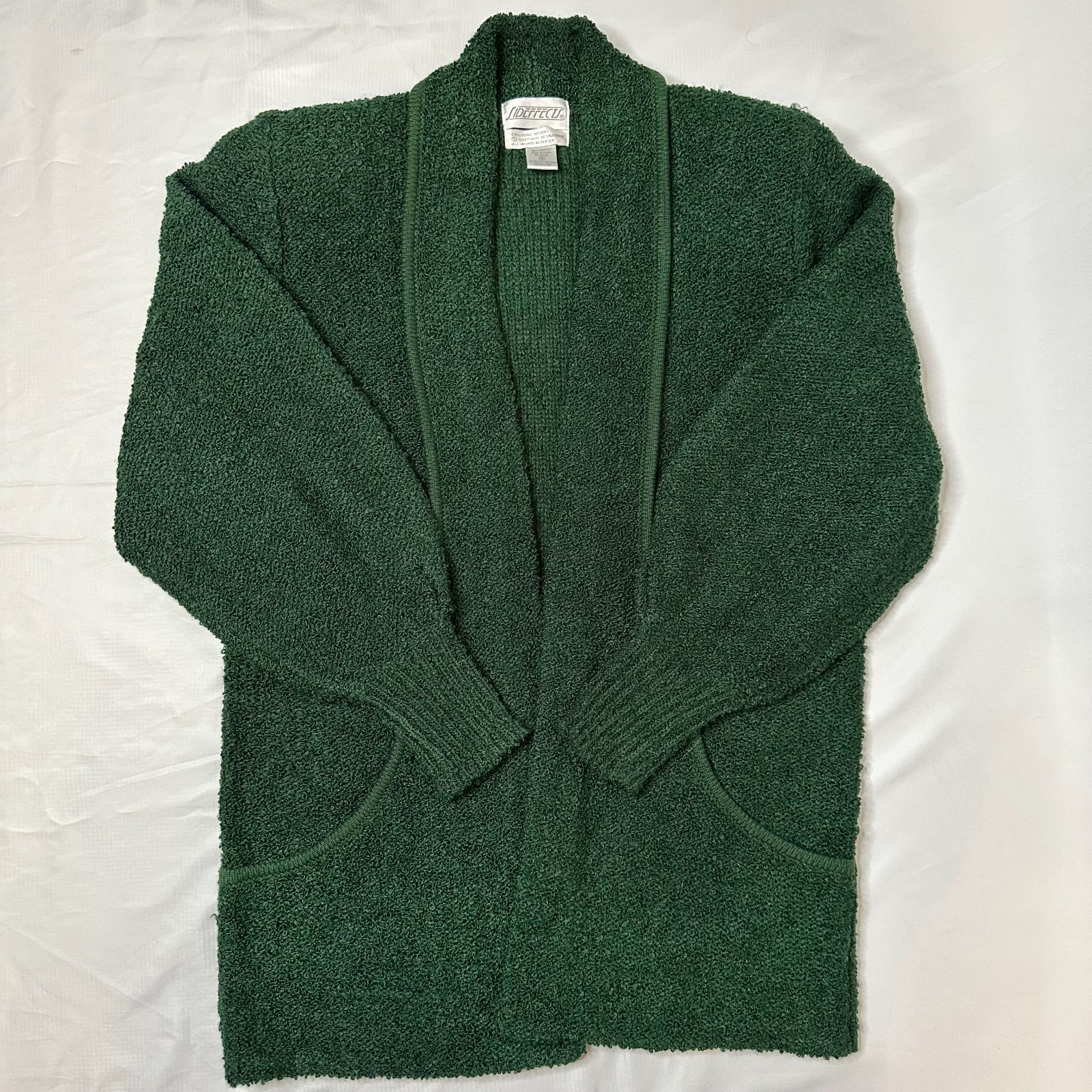Vtg Sideffects Women’s Open Front Boucle Cardigan Sweater M Forest Green Cozy