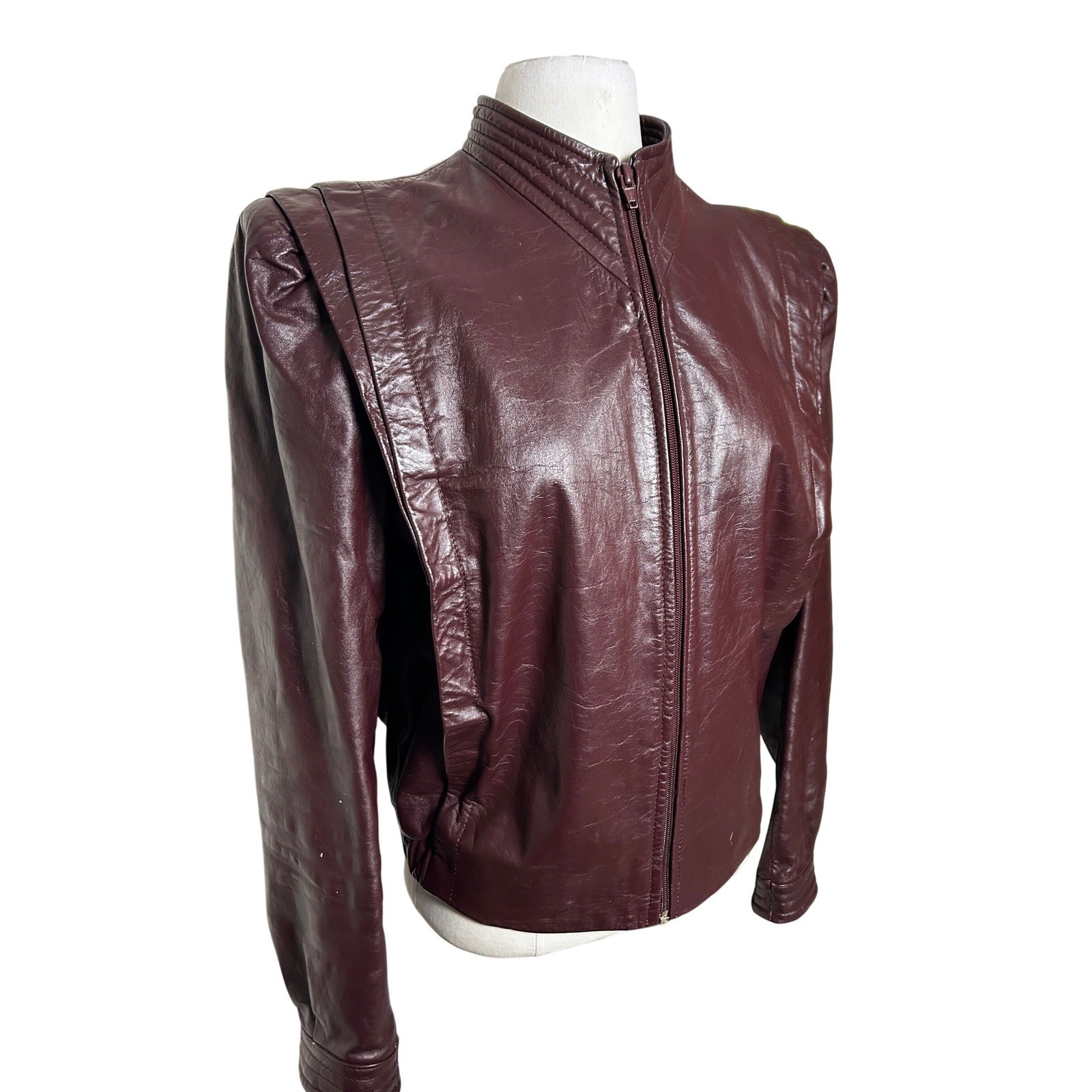 Berman&rsquo;s Vintage 80s Burgundy Leather Jacket Shoulder Pads Retro Fitted Biker