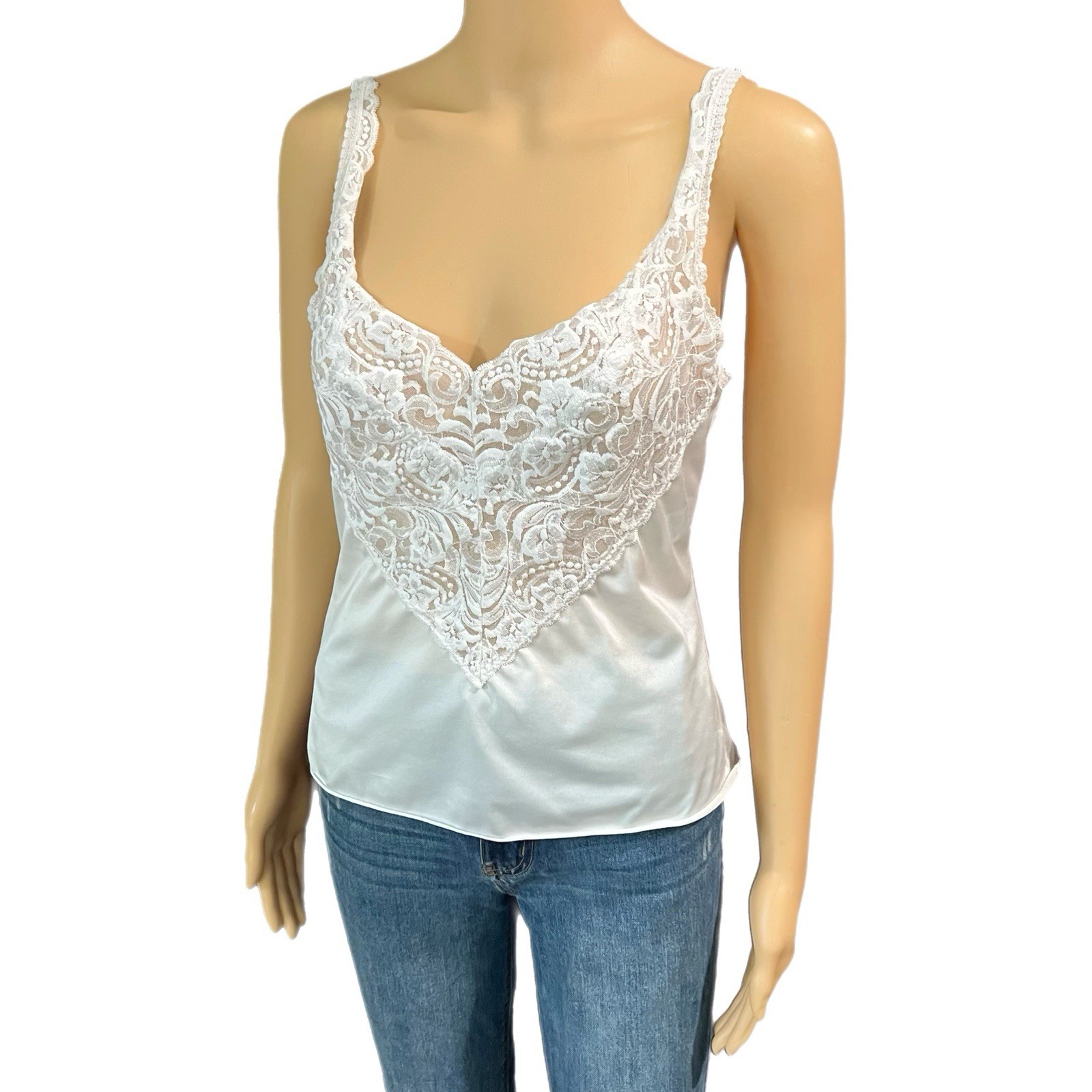 Vintage Vanity Fair Lingerie Top 80s White Lace Camisole Sheer Tank – Size 34