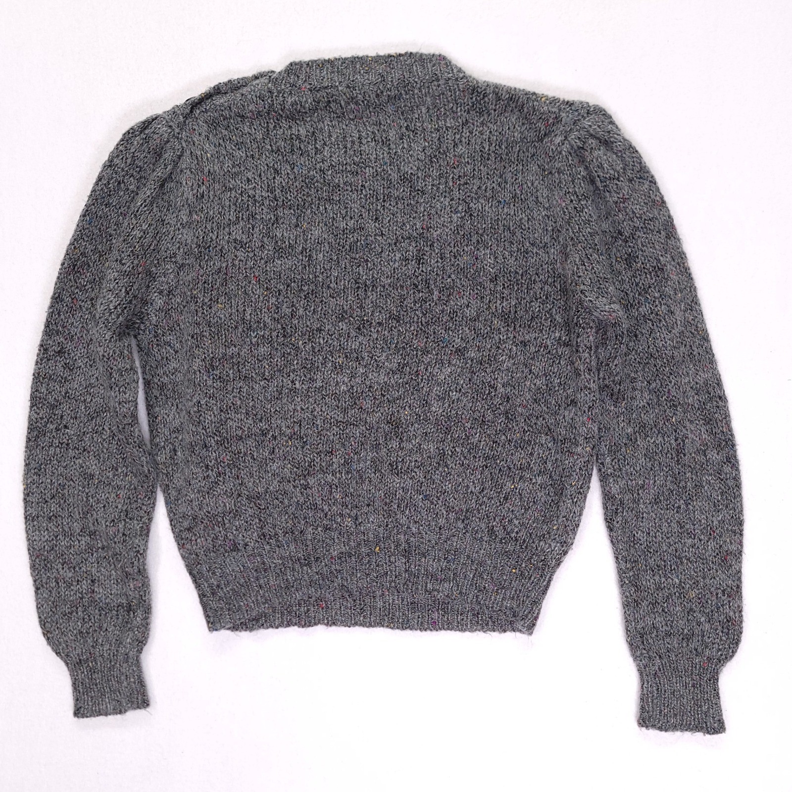 Vintage Gray Speckled Wool Blend Knit Sweater Shoulder Button Puff Sleeve Medium