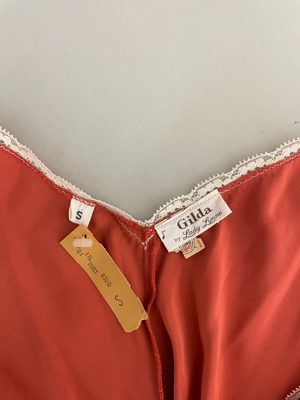 DEADSTOCK GILDA Vintage Bias Cut 1960 70s Satin Copper Rust Bias Cut SlipDress S