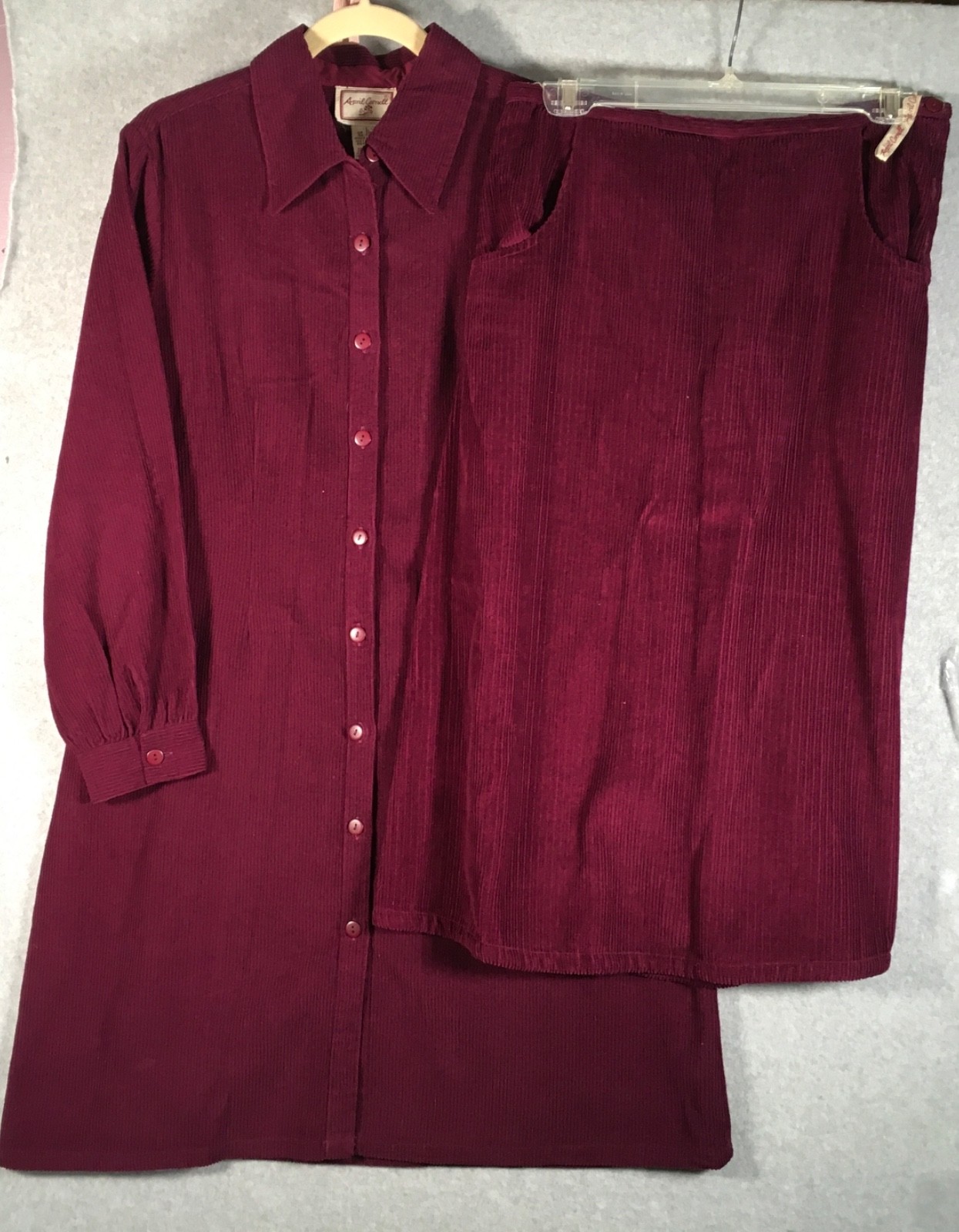 Vtg 80&rsquo;s April Cornell Long Skirt Long Shirt Suit Set Size L Burgungy Cordory