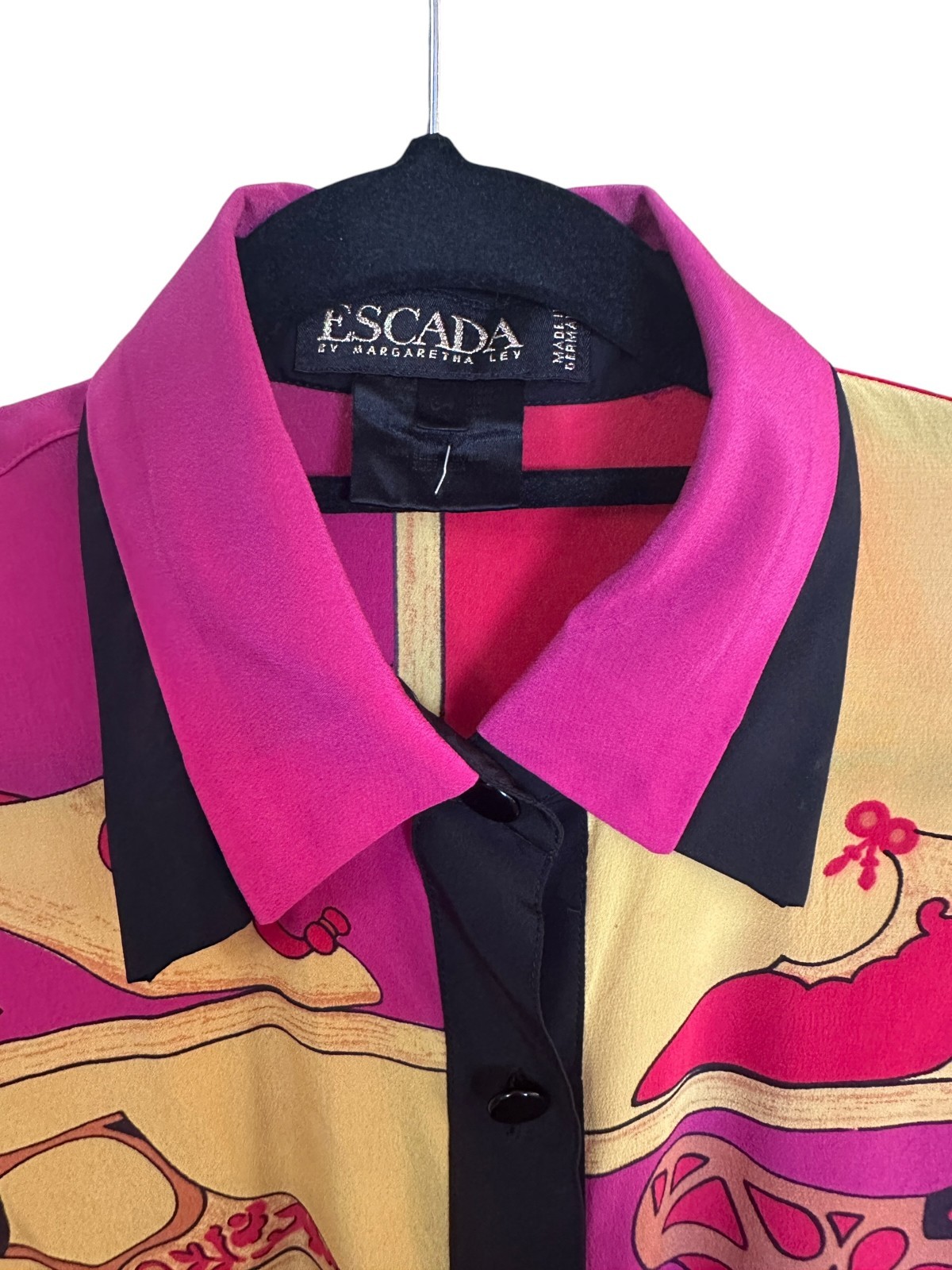 Vintage 90s Escada Silk Shoe Print Shirt Margaretha Ley Pink rare Germany