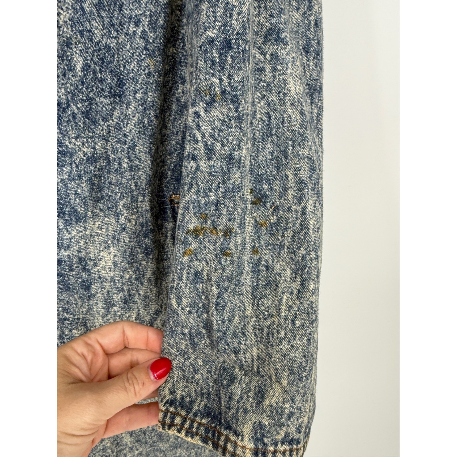 Vintage Fit America Womens Large Denim Trench Coat Hand Painted Floral Acid Wash