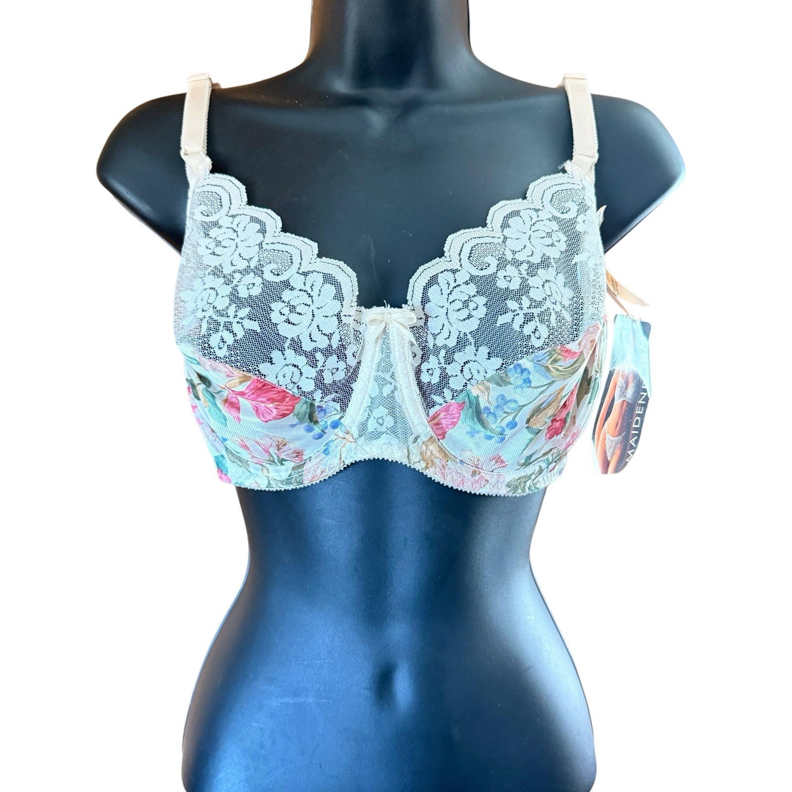 Vintage Maidenform Chantilly Bra 36D Lace Underwire Floral Silky Satin Unlined