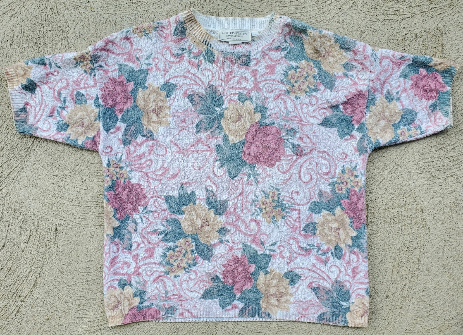 VTG 90s United States Sweaters Womens L Short Sleeve Floral Cottagecore Sweater