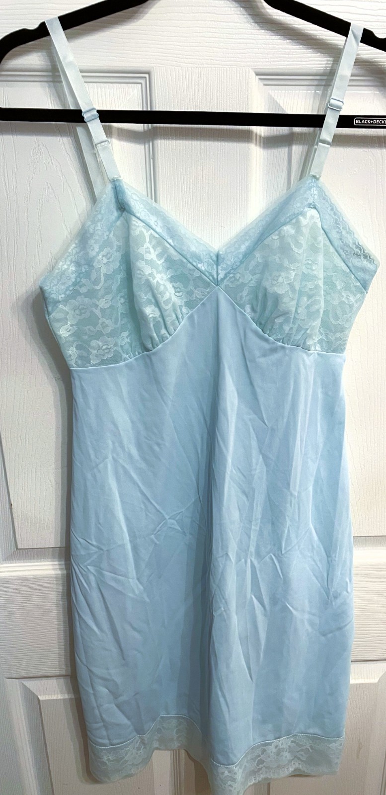 Vintage Evette Slip Nightgown Size 36 Lace Trim Nylon USA Made Baby BLUE Sissy