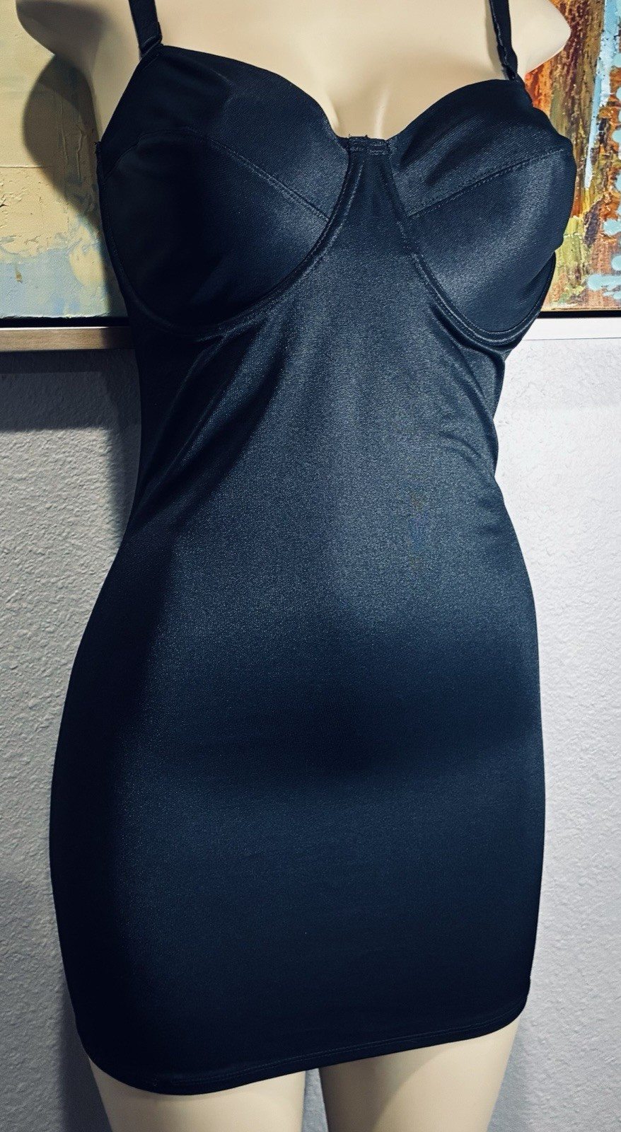 Vtg Black Nylon Spandex Full Bra Shaper Slip 36 DD