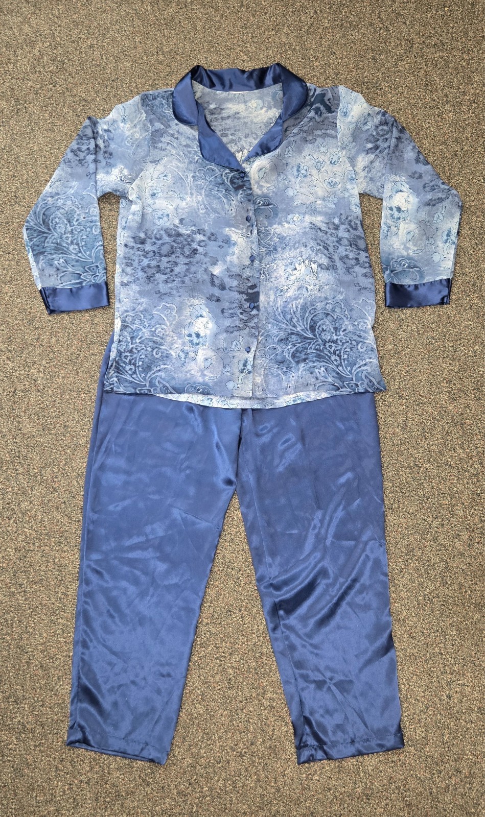 VTG 90s Unbranded Blue Silky Polyester Pajama Set w/ Sheer Top, Women&rsquo;s Size M