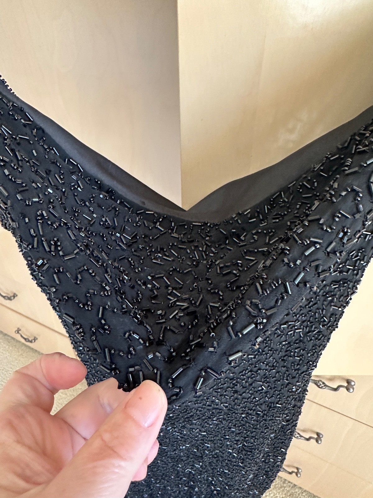Vintage Stenay 100% Silk Fully Beaded Black Maxi Dress Size 6 Evening Gown 36&Prime; c