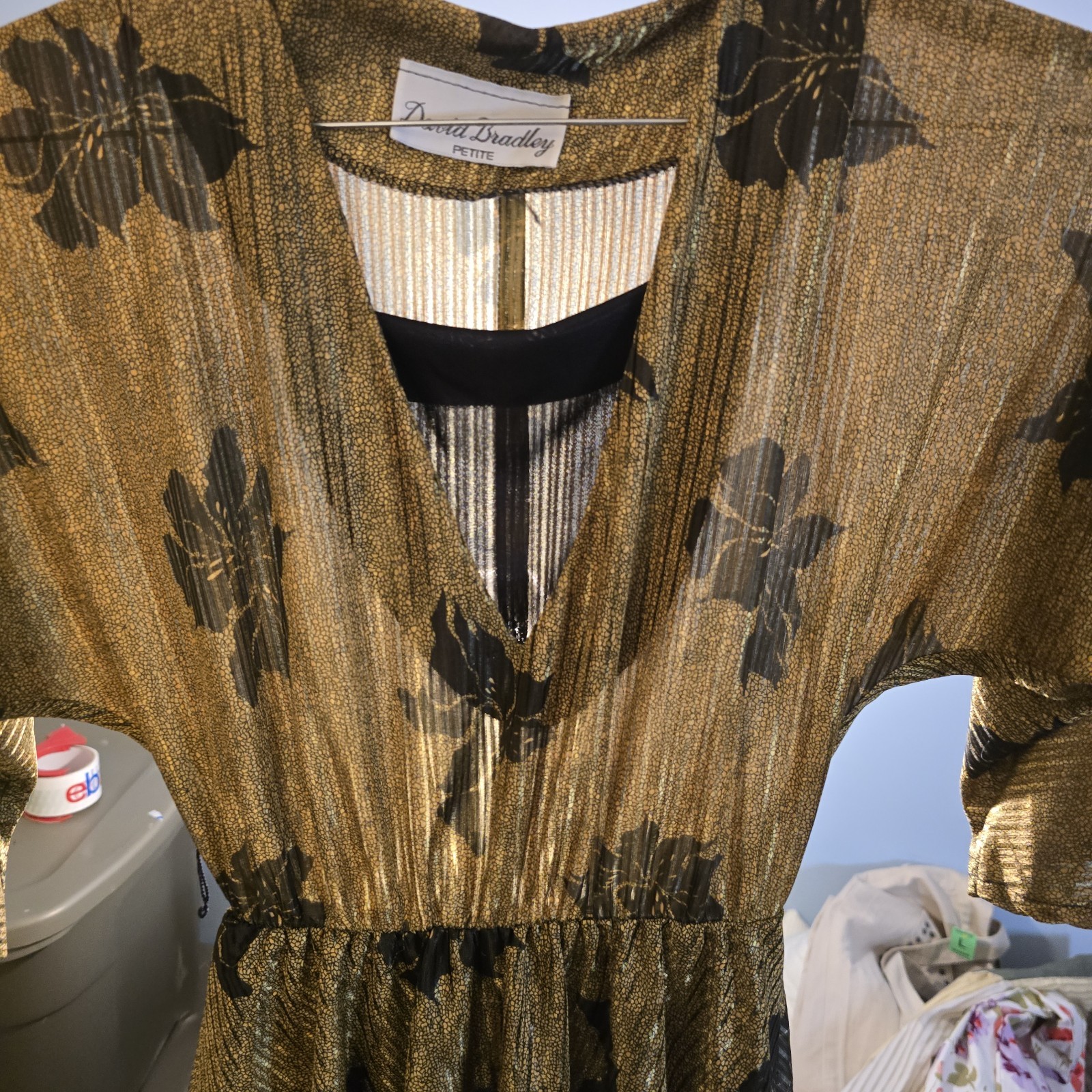 Vintage 80s Gold Metallic Peplum Wrap Back Dress David Bradley Small Glam Rock