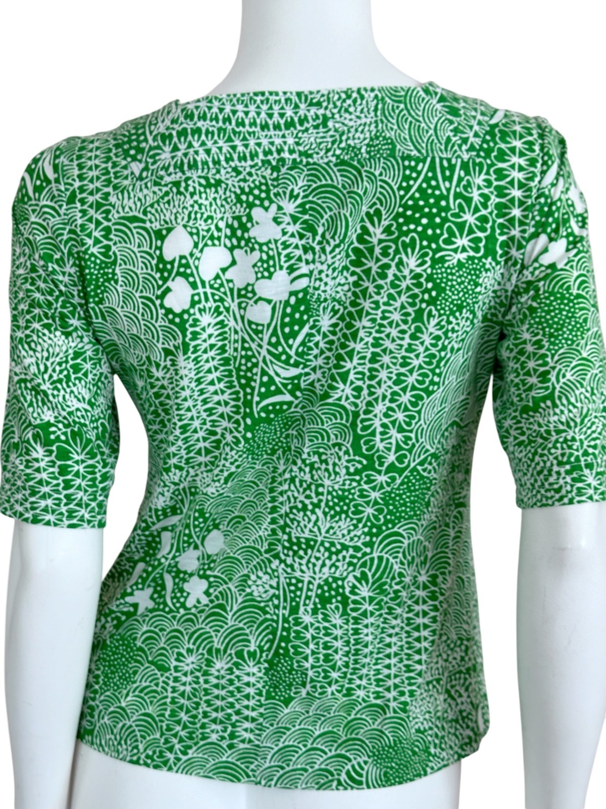 Vtg 70s Ditsy Geometric Floral Print Top Size S Square Neck Cotton Green White