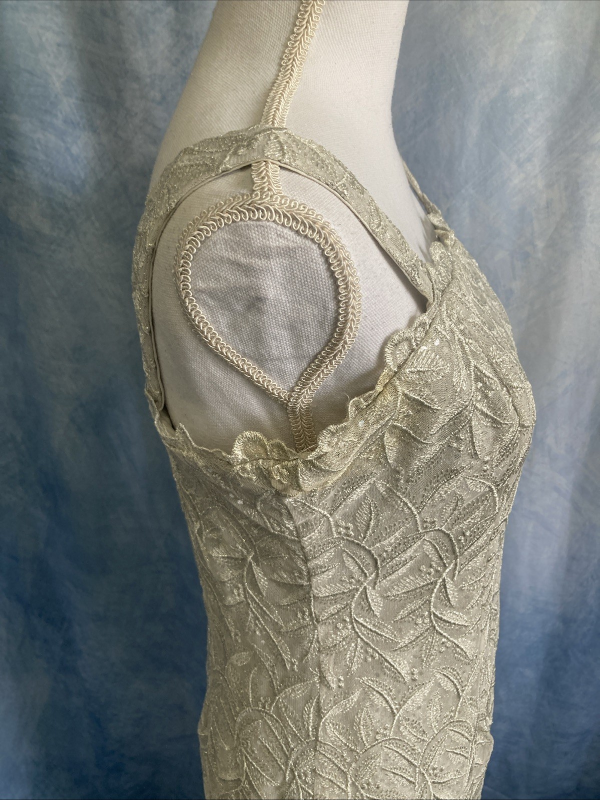 VTG 80s ASPEED USA Silver Lace Dress Jacket Set 2pc Formal Gown Prom Wedding Med