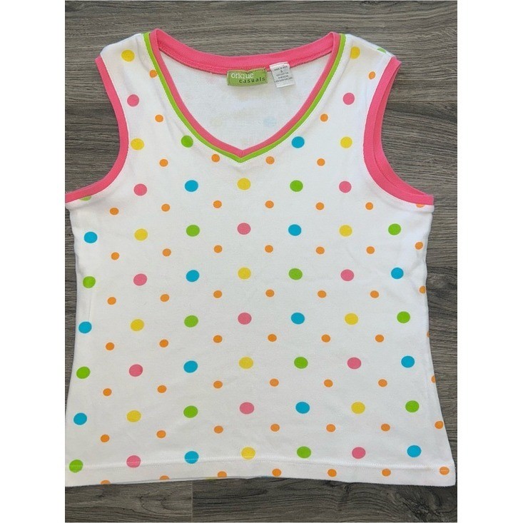 Vintage Y2K 2000s White Polka Dot Tank Top with Pink Trim