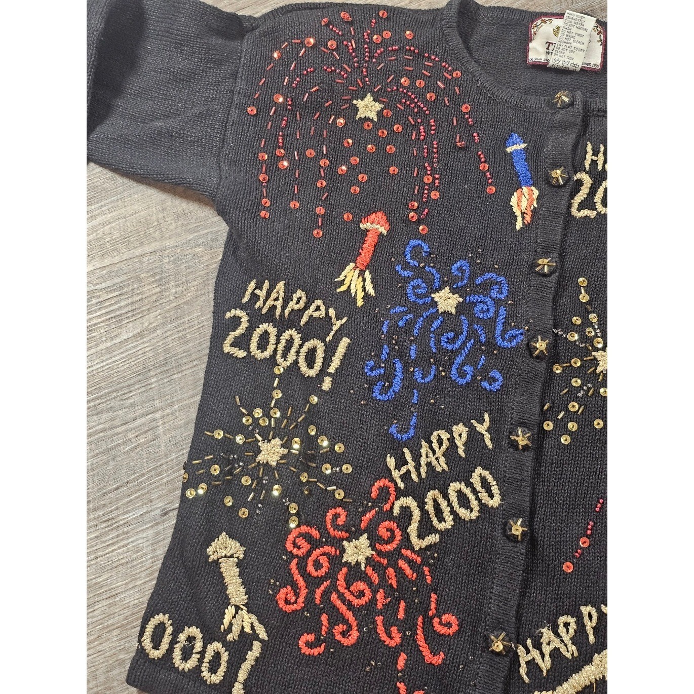 Vintage Y2K Happy 2000 Millennium Fireworks Cardigan Sweater Beaded Sequin Party