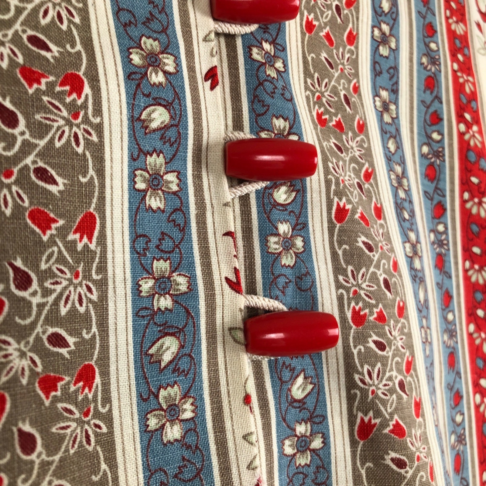 VTG 70s Handmade Floral Striped Toggle Button Tunic Top Sz M Red Blue Cream Boho