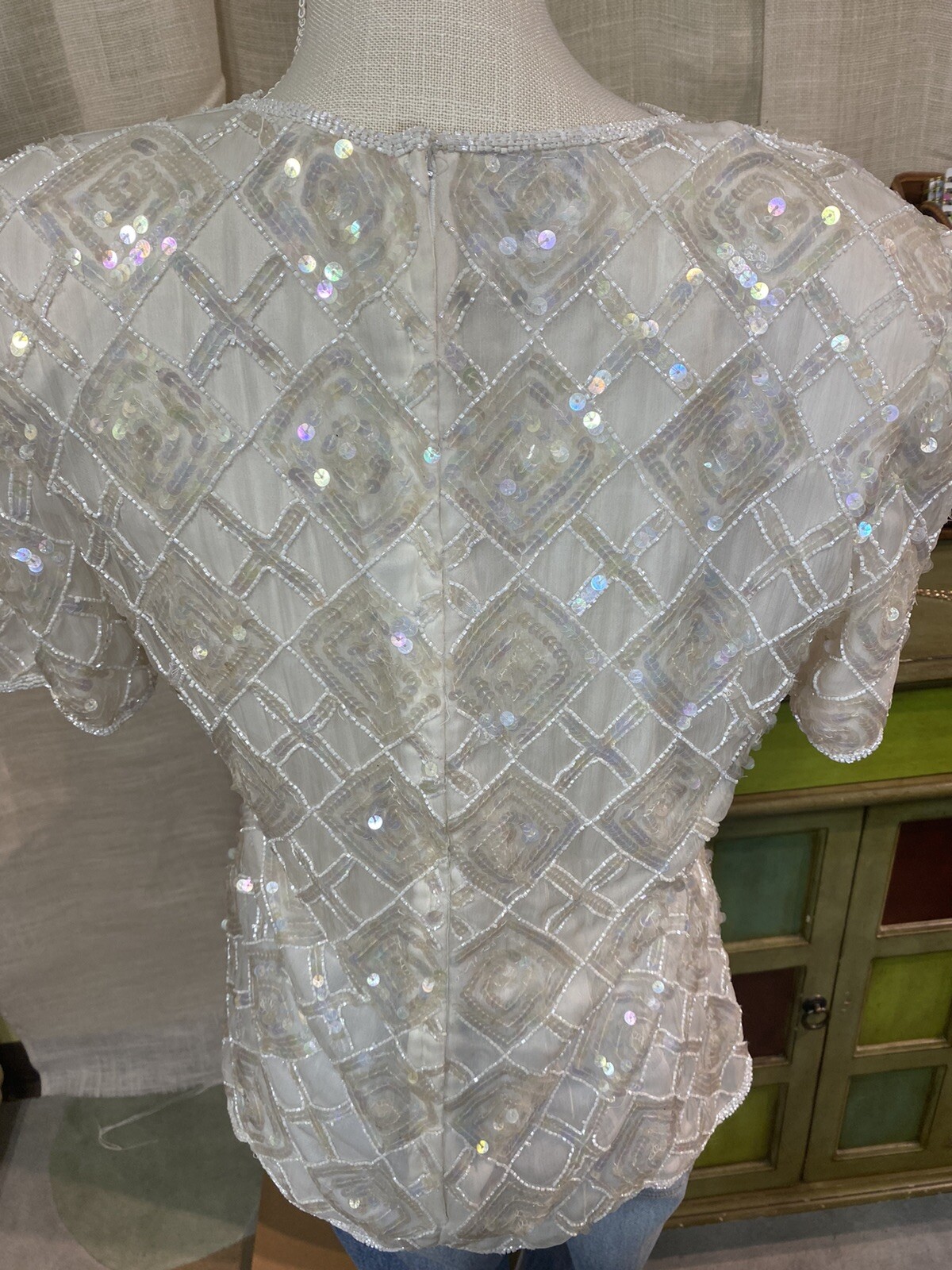 Vintage Stenay White 80’s Sequin Top Holiday Party Diamond Pattern Christmas M