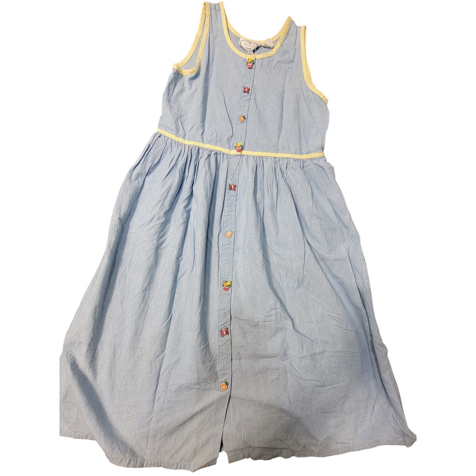 Vintage Eagle&rsquo;s Eye Blue Chambray Dress Yellow Gingham Trim Novelty Button Med