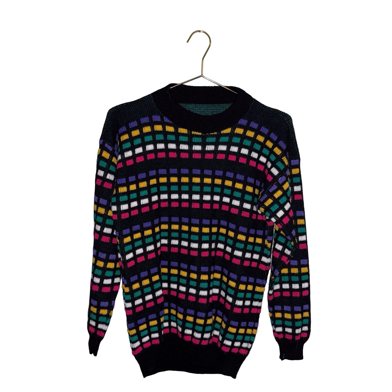Vintage Geometric Knit Sweater Multi-Color Block Crewneck Pullover Size Large