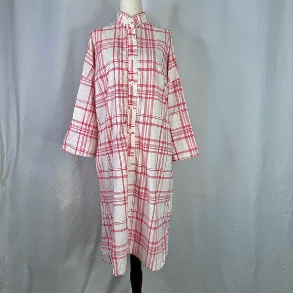David Brown California vintage dress kaftan popover henley plaid red white S