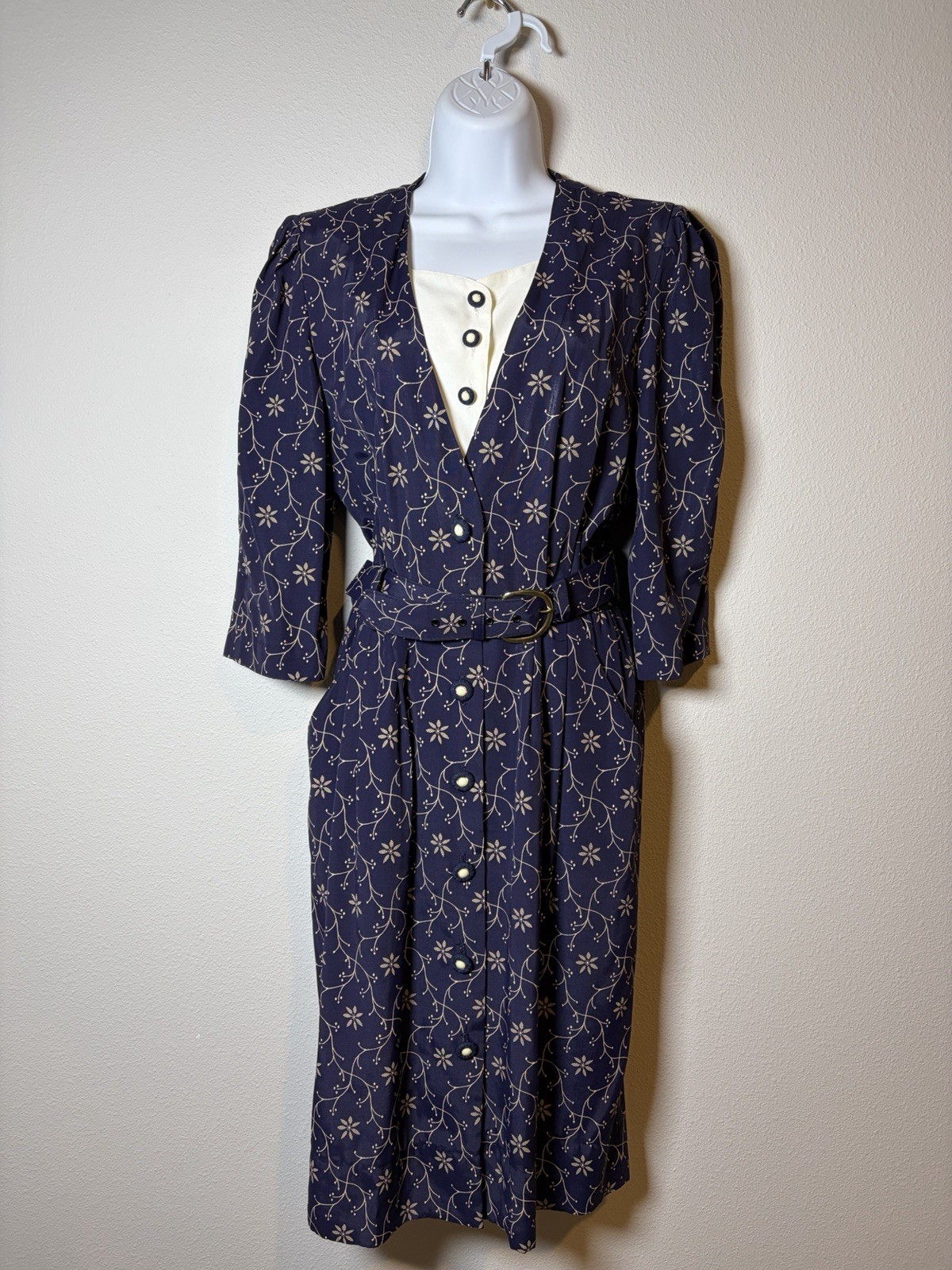 Vtg 80s Does 40s Peri Petites Navy Shirt Dress~8P~Belt 3/4 Puff Slvs Secretary