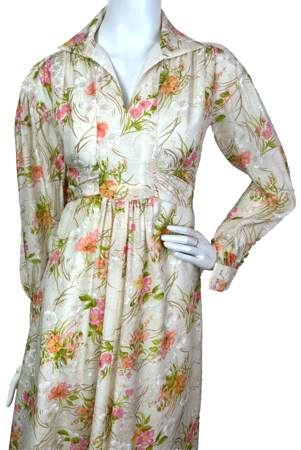 70s Floral Satin Hostess Dress Size Medium Maxi Collared V-Neck Long Sleeve EUC