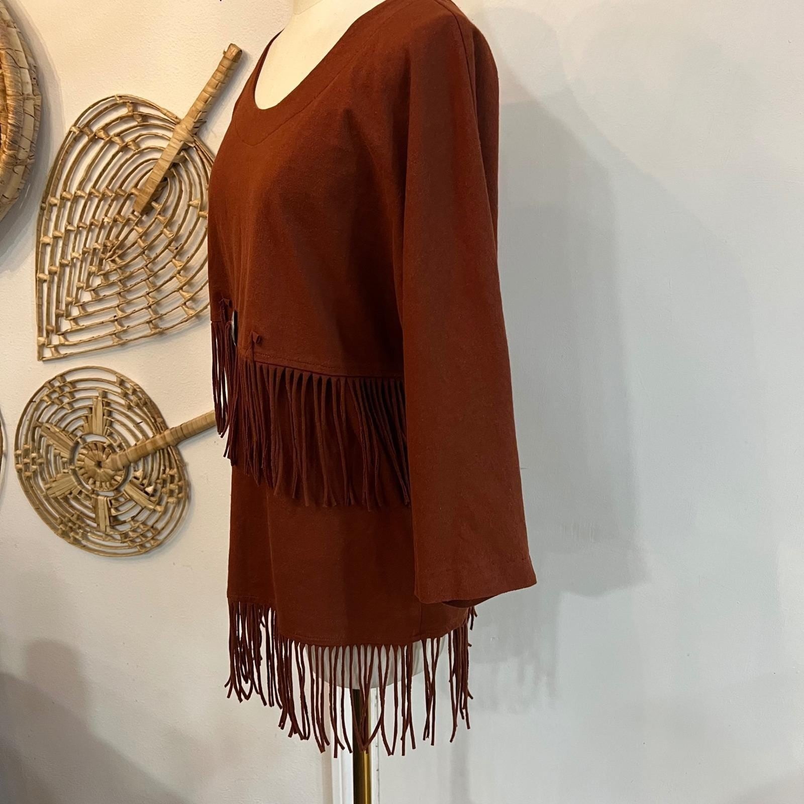 Vintage Western Fringe Tunic Top Rust Brown Boho Cowgirl Concho Size L