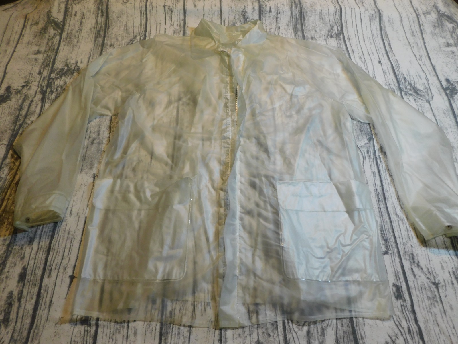 VTG CLEAR RAIN JACKET 60&rsquo;s 70&rsquo;s ZIP POCKETS SPORTS TRANSPARENT MENS WOMENS sz S