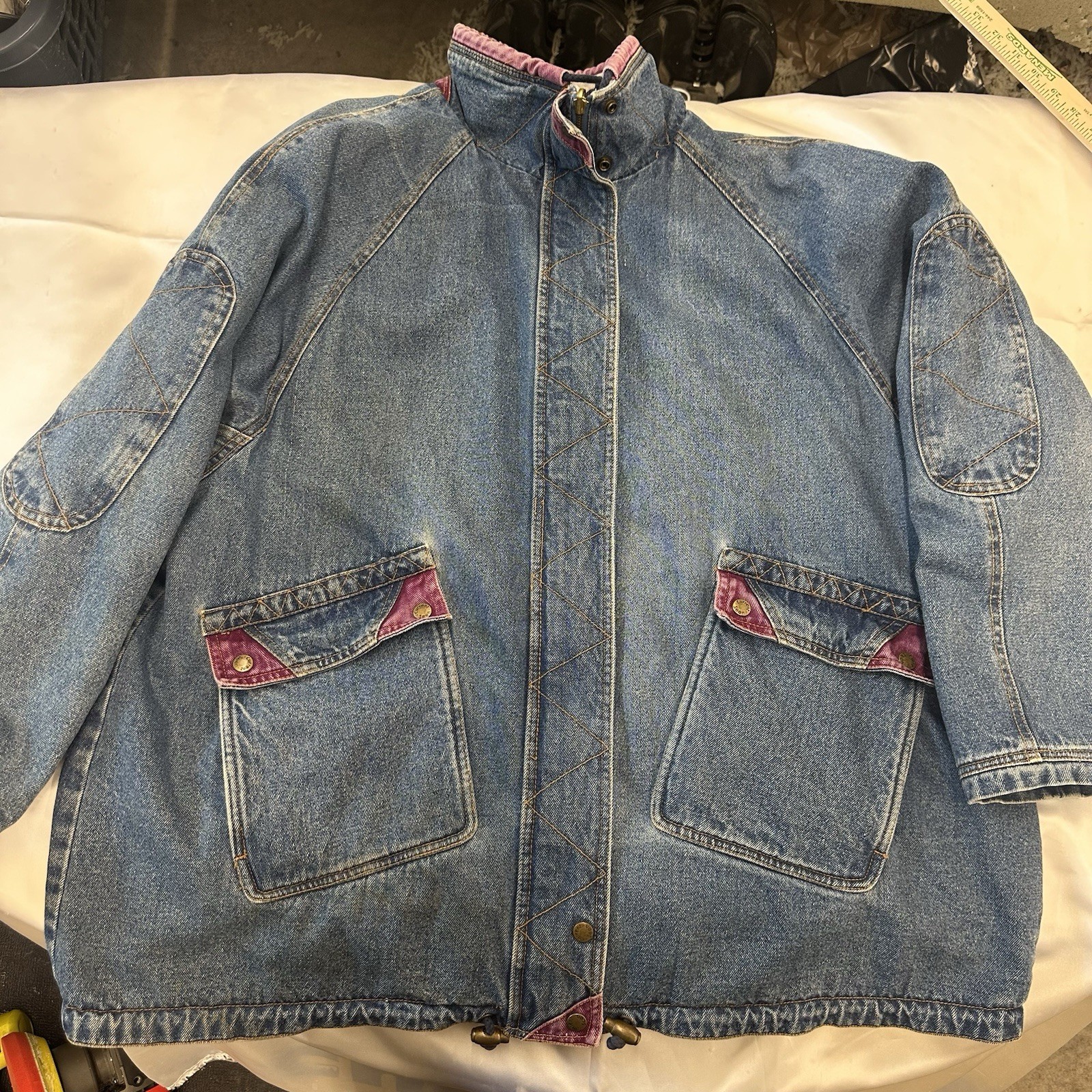 Vintage Reversible Denim Long Jacket With Grey Sweatshirt Interior Size 22 Wide