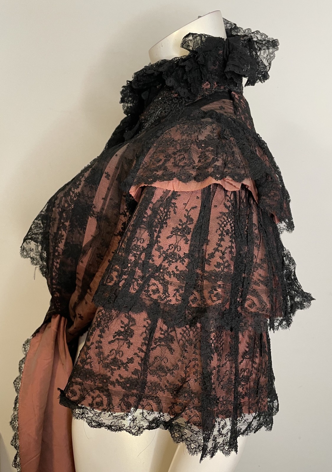 Antique 1800s 1900s Victorian Cape Pink & Black Chantilly Lace Beaded Ruffles OS