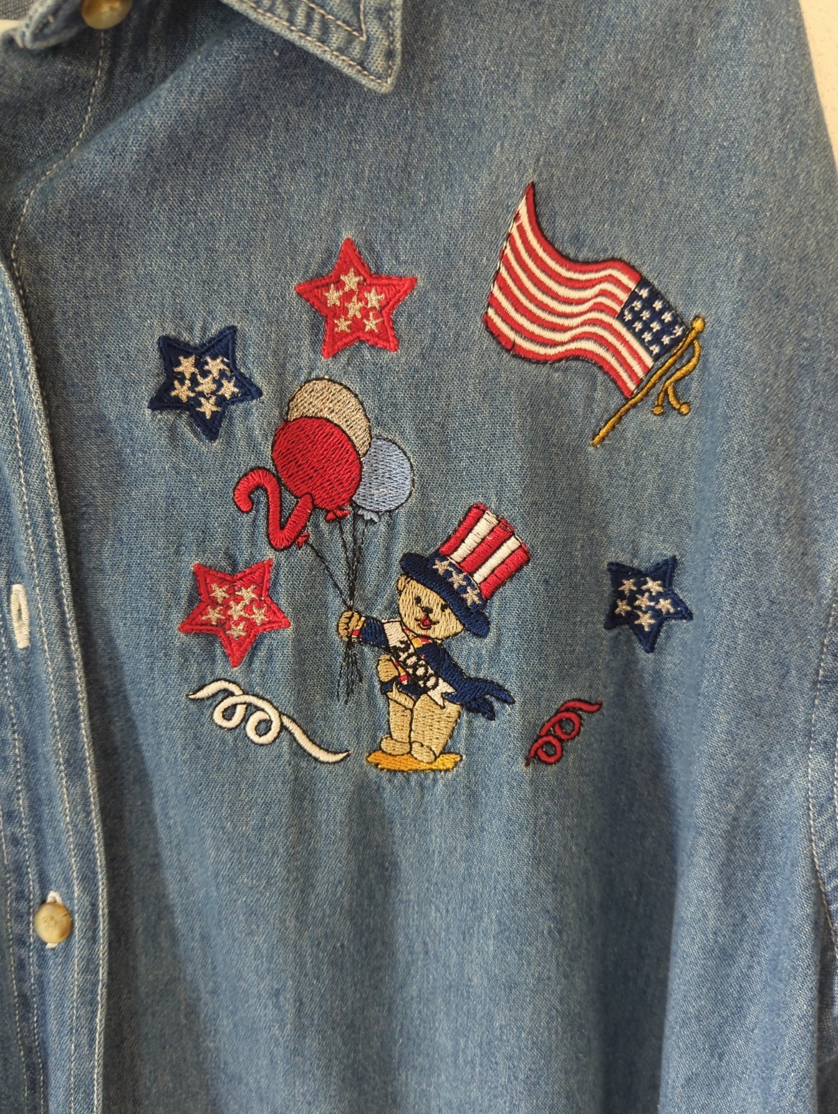 Vtg Quizz Jeans Embroidered Denim Button Up Long Sleeve Shirt Lg Patriotic USA