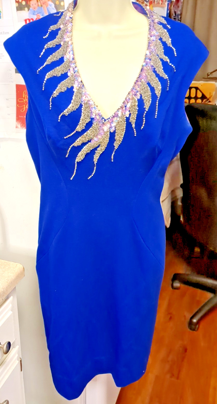 Sydney North designed, Hollywood Glamour, Striking V-neck blue party dress