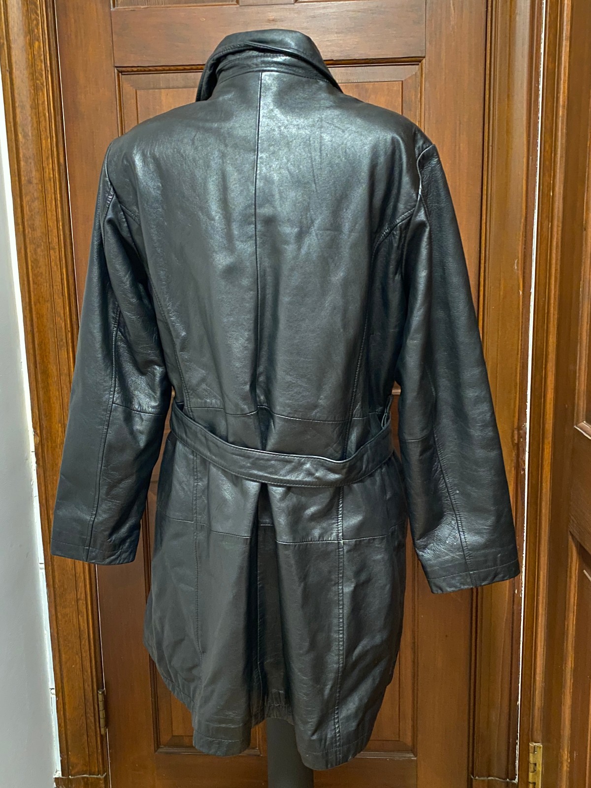 VTG Excelled Black Knee Length Leather Jacket Belted Coat XL Soft Lightweight