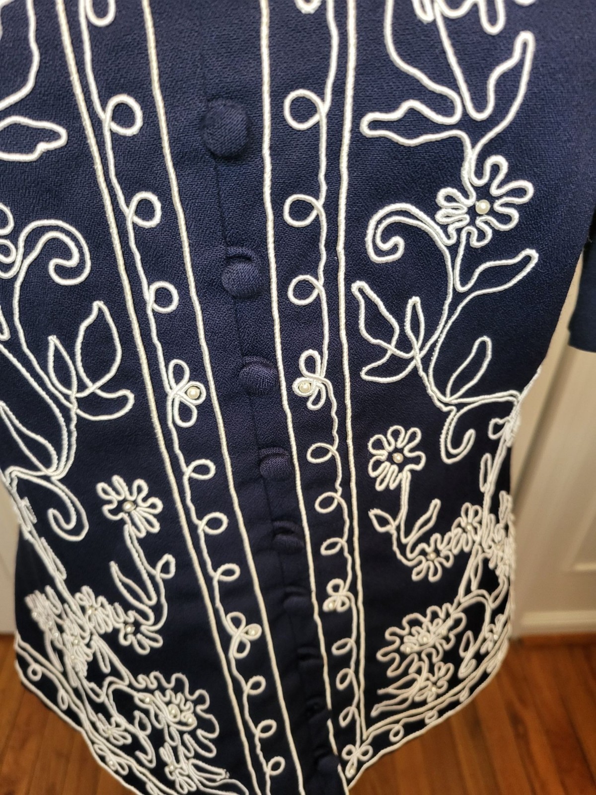 Karin Stevens Vintage 90s Does 40&rsquo;s Navy Blouse Embroidered Beaded 14 Nautical